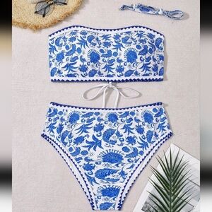 NWOT 2 Piece Curve Embroidered Trim Adjustable Back Bikini, XL (12), Bl…